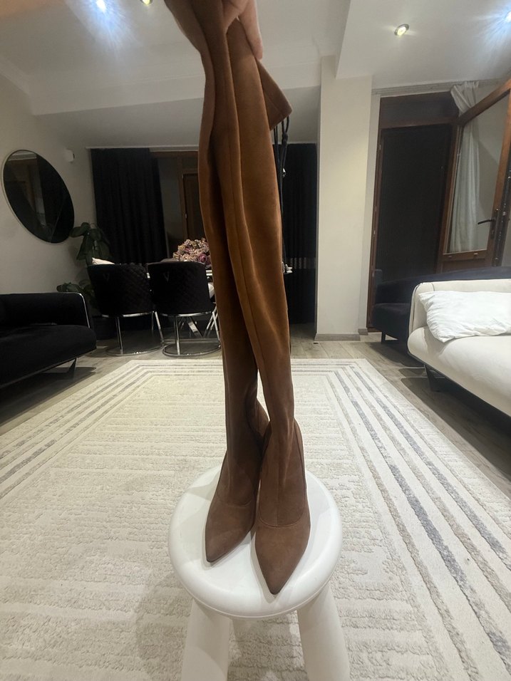 Topuklu Kahverengi Süet Dizüstü çorap Çizme - Görsel 2