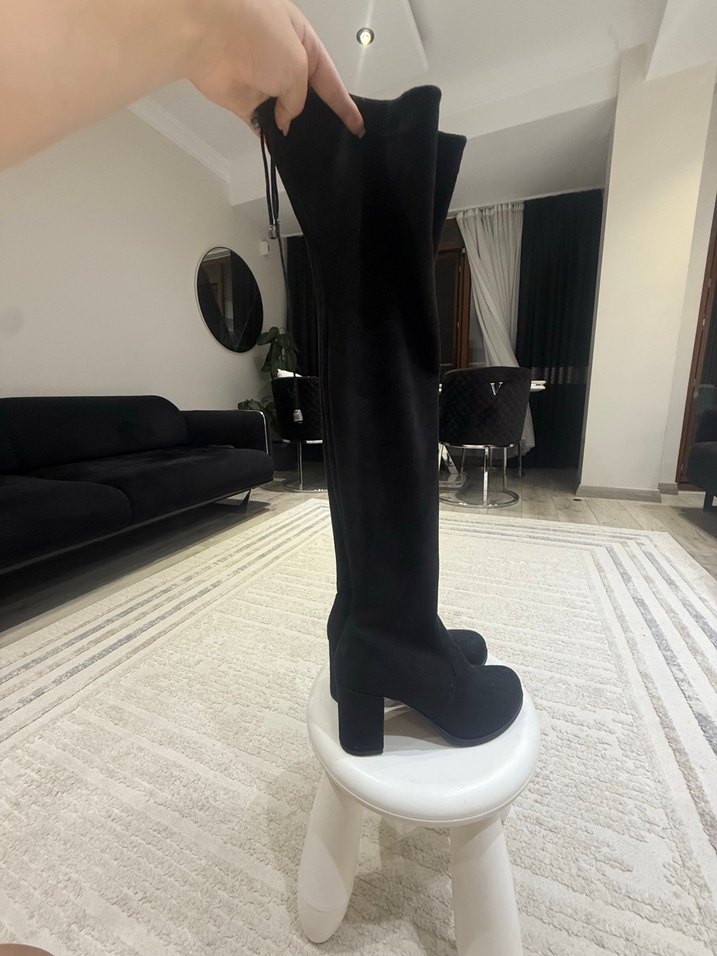 Siyah Süet Dizüstü Topuklu Çorap Çizme - Görsel 2