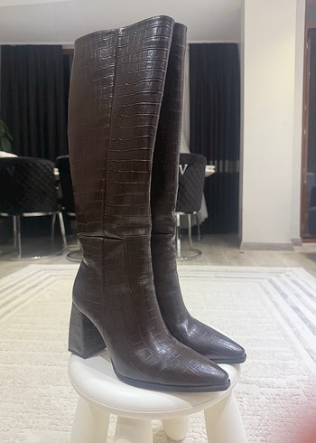 Kahverengi Deri yılan Desen Topuklu Diz Çizme - Görsel 3