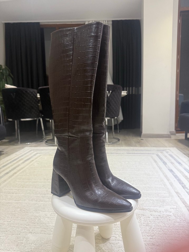 Kahverengi Deri yılan Desen Topuklu Diz Çizme - Görsel 2