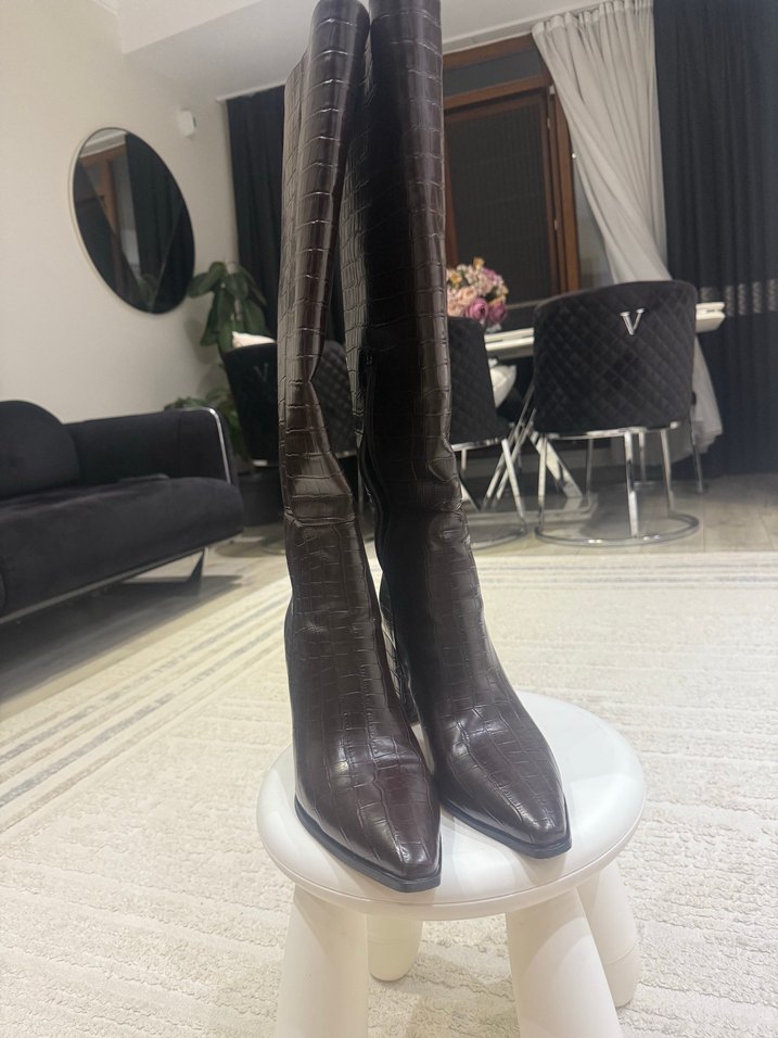 Kahverengi Deri yılan Desen Topuklu Diz Çizme - Görsel 5