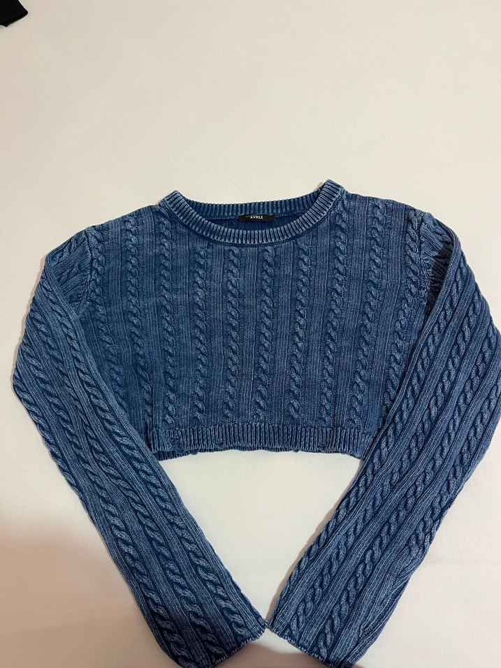 Kadın Mavi Triko Denim Kazak - Görsel 3