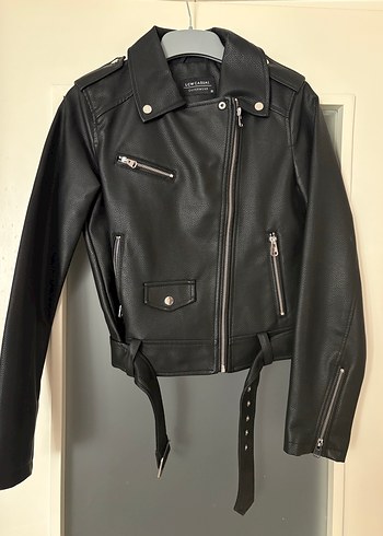 Siyah Deri Biker Ceket, Tokalı, Sade