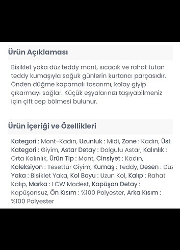 m Beden LCW bisiklet yaka Teddy mont mavi