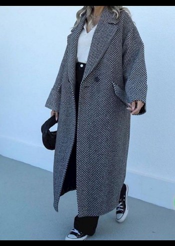 Gri Zebra Desenli Uzun Kadın Yün Kaban - Görsel 5