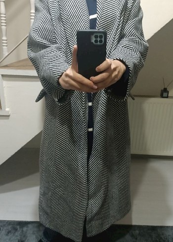 Gri Zebra Desenli Uzun Kadın Yün Kaban - Görsel 3