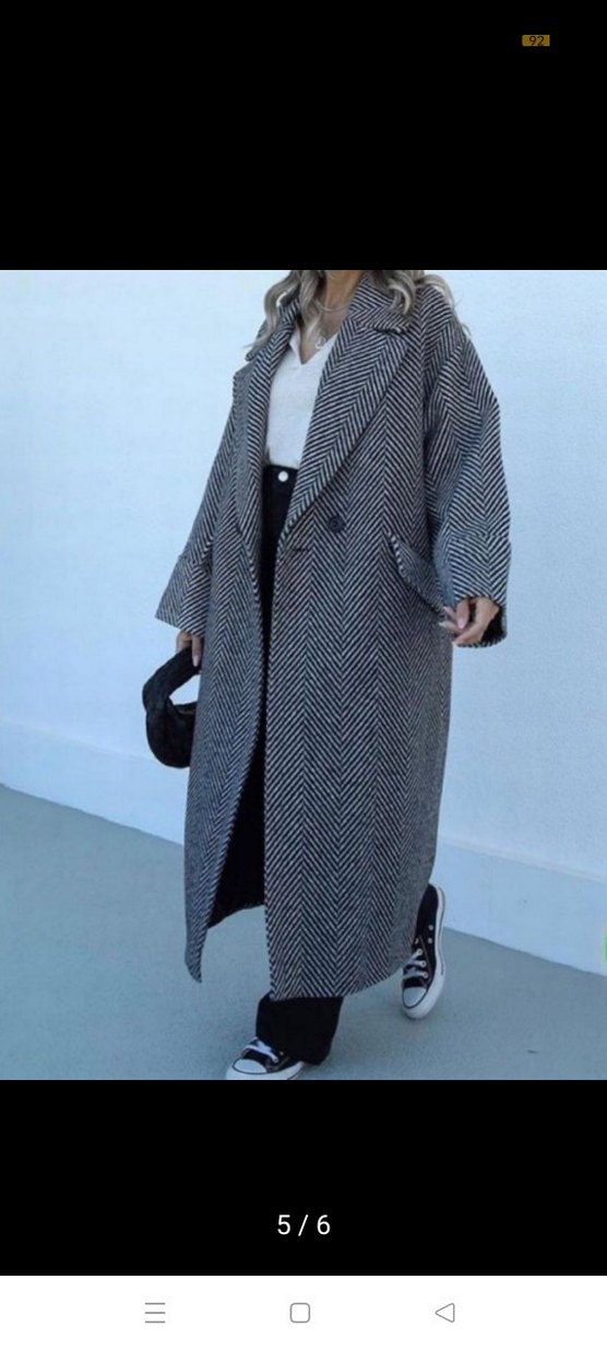 Gri Zebra Desenli Uzun Kadın Yün Kaban - Görsel 5