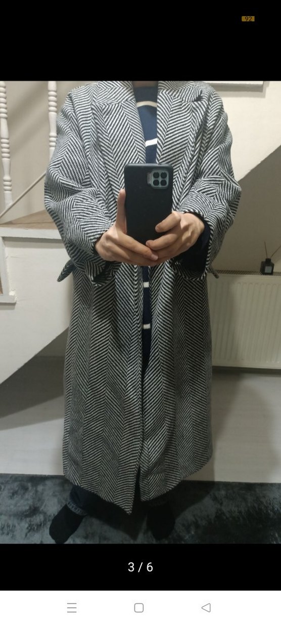 Gri Zebra Desenli Uzun Kadın Yün Kaban - Görsel 3