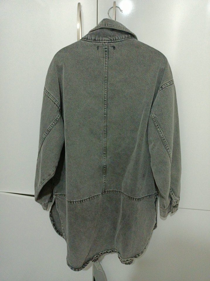 Gri Kadın Düğmeli Midi Denim Ceket - Görsel 2