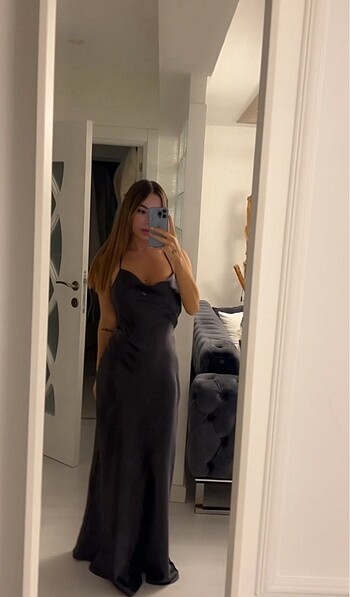 Zara Zara Saten Gri Sırt Dekolteli Elbise