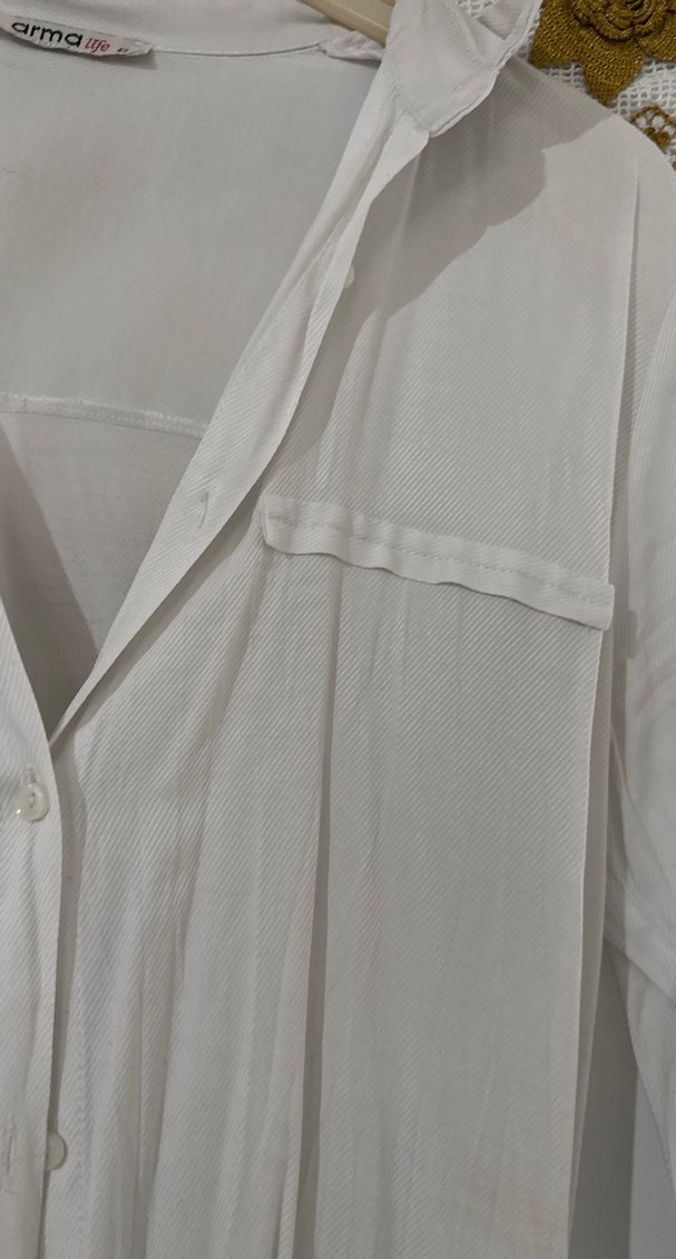 Uzun Kollu Beyaz Keten Kadın Gömlek - Görsel 4