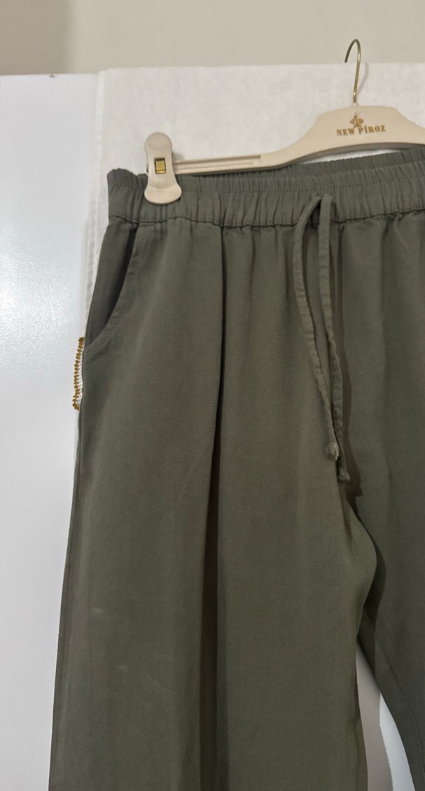 Bol Kesim Kemerli Keten Kadın Pantolon - Görsel 3