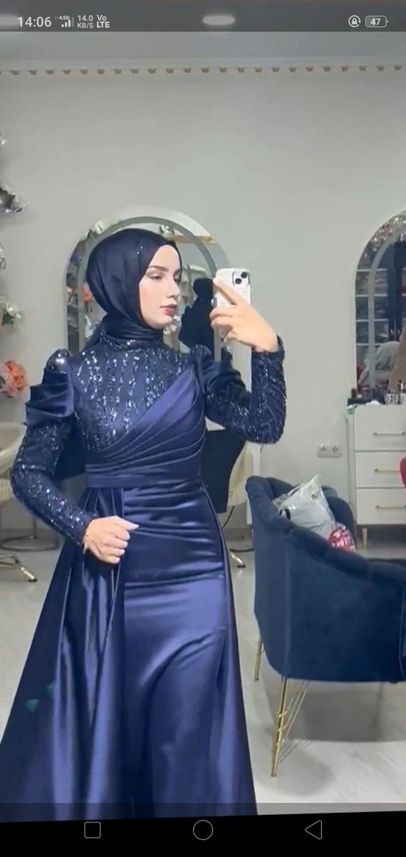 Drapeli Lacivert tesettür abiye - Görsel 3