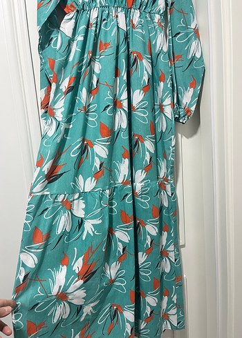 Turkuaz Desenli Pilili Uzun Bohem Elbise - Görsel 3