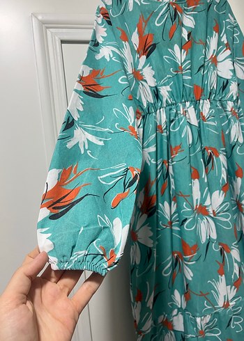 Turkuaz Desenli Pilili Uzun Bohem Elbise - Görsel 4