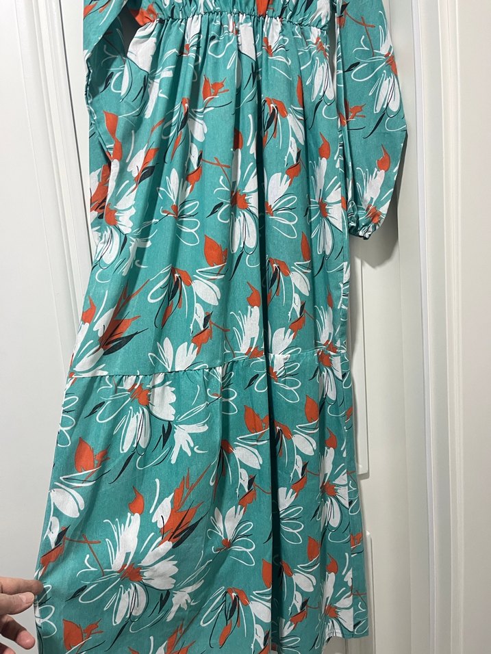 Turkuaz Desenli Pilili Uzun Bohem Elbise - Görsel 3