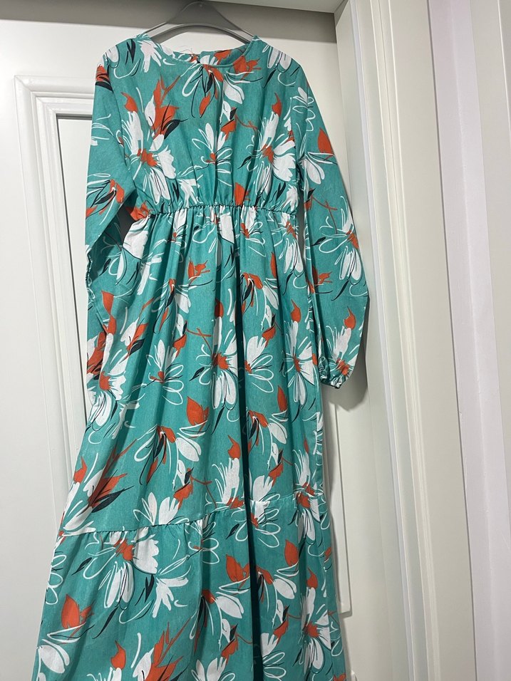 Turkuaz Desenli Pilili Uzun Bohem Elbise - Görsel 2