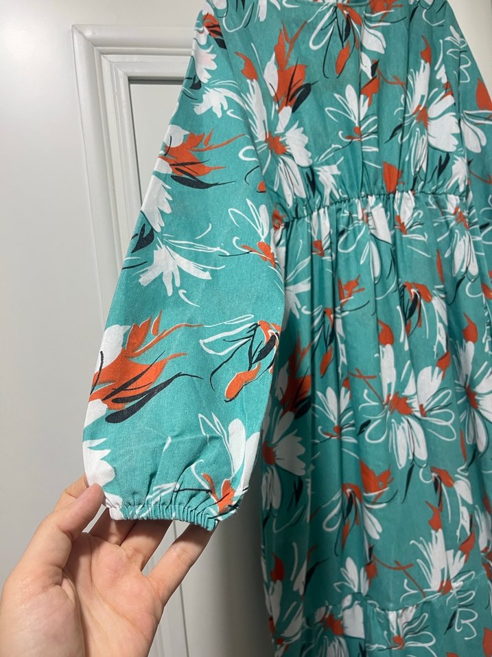 Turkuaz Desenli Pilili Uzun Bohem Elbise - Görsel 4