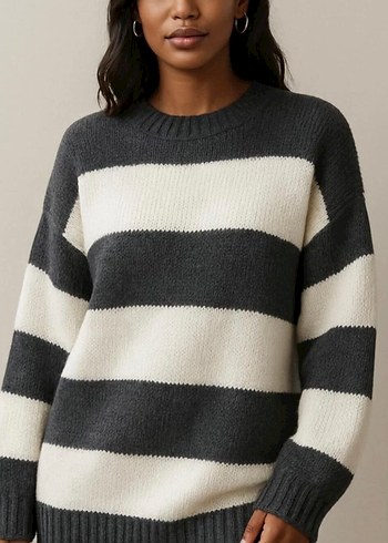 Gri Çizgili Transparan Triko Boğazlı Kazak - Görsel 2