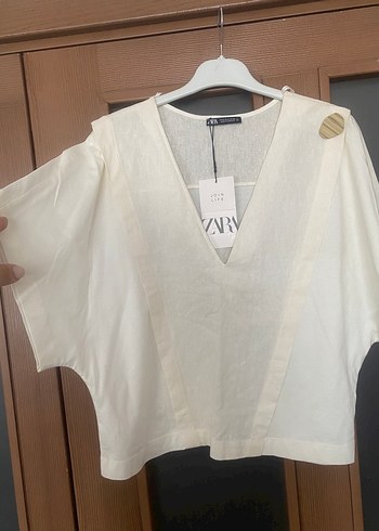 Zara Beyaz Keten V Yaka Mini Gömlek