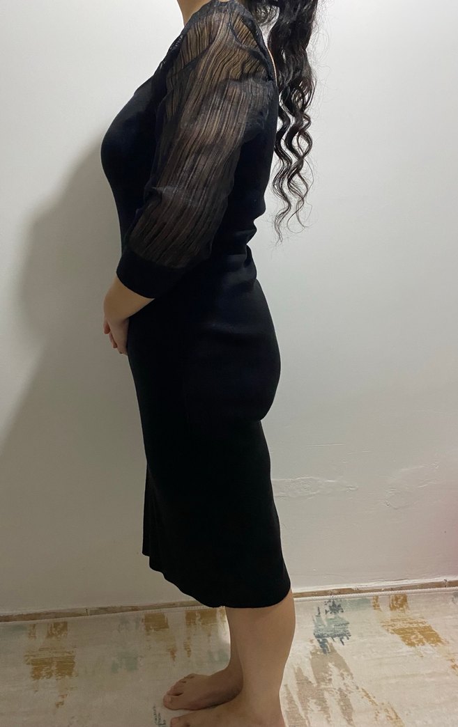 Siyah V Yaka Piliseli Kadın Kalem Elbise - Görsel 2