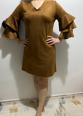 Kahverengi Süet Volanlı Midi Elbise - Görsel 4