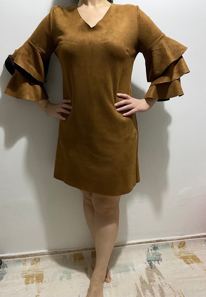 Kahverengi Süet Volanlı Midi Elbise - Görsel 4