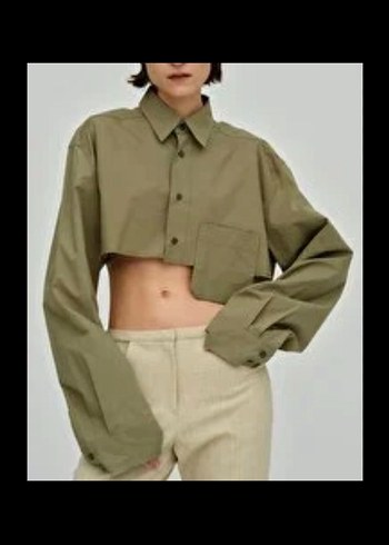 Kadın Haki Pamuk Düğmeli Uzun Kollu Gömlek - Görsel 3