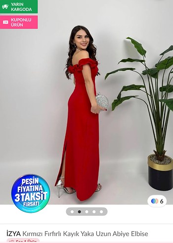 Kırmızı Fırfırlı Kayık Yaka Uzun Abiye - Görsel 2