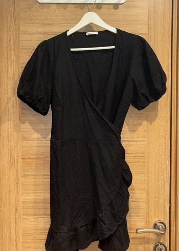 Bershka Siyah Midi kruvaze keten elbise