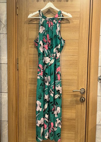 Yeşil Çiçekli Halter Yaka Uzun Elbise
