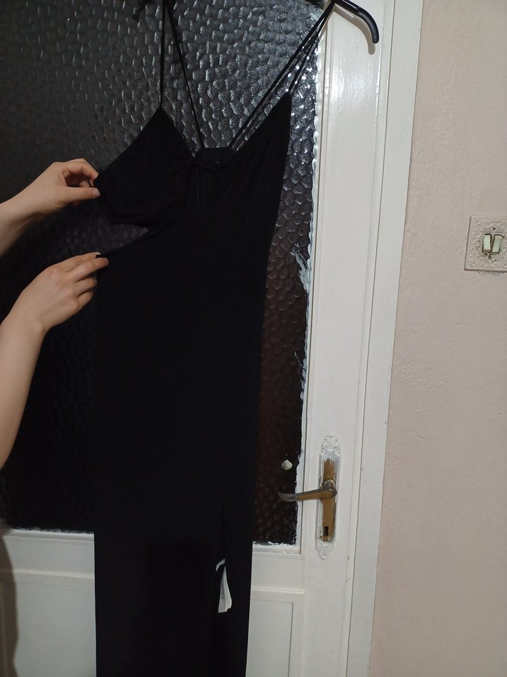 Siyah Uzun Askılı Drapeli Kadın Elbise - Görsel 3