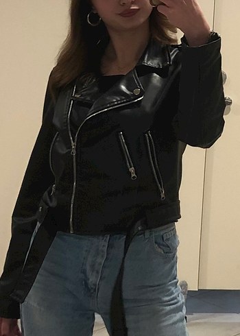 Siyah Kadın Deri Biker Ceket