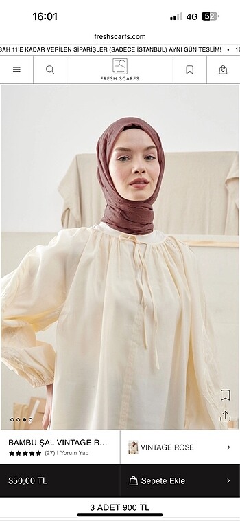 Fresh scarfs bambu şal vintage rose rengi