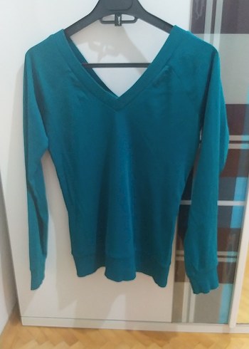 Kadın Yeşil V Yakalı Uzun Kollu Kazak - Görsel 3