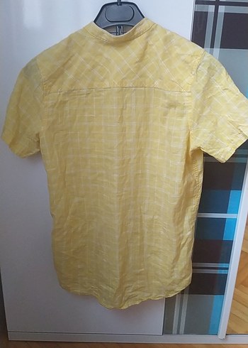 Sarı Kısa Kollu Erkek Keten Gömlek - Görsel 2