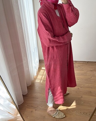 Diğer Keten Dokulu Uzun Gömlek Tunik | Pembe