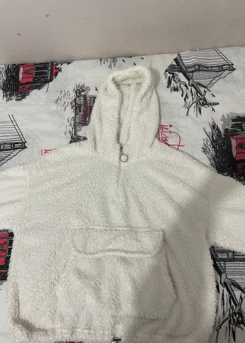 Kapüşonlu Beyaz Kadın Peluş Ceket - Görsel 4