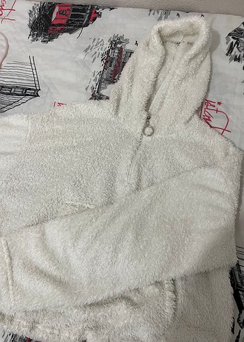 Kapüşonlu Beyaz Kadın Peluş Ceket - Görsel 2