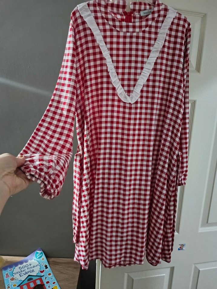 Kırmızı kareli mini elbise - Görsel 3