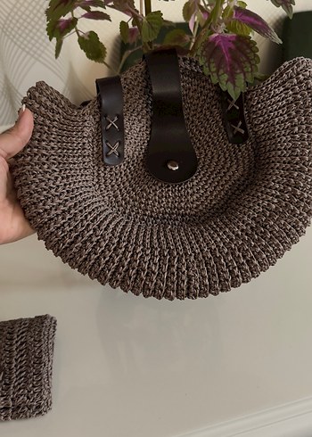 Diğer Kahverengi Örgü Kadın Clutch Çanta Hasır çanta seti