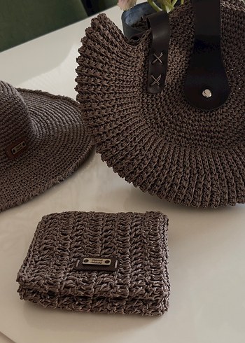 Kahverengi Örgü Kadın Clutch Çanta Hasır çanta seti