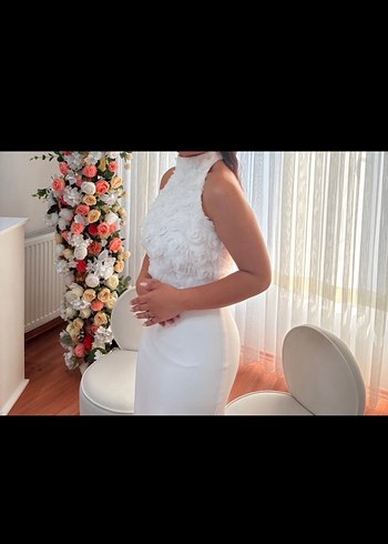 Askılı Drapeli Beyaz Uzun Elbise - Görsel 2