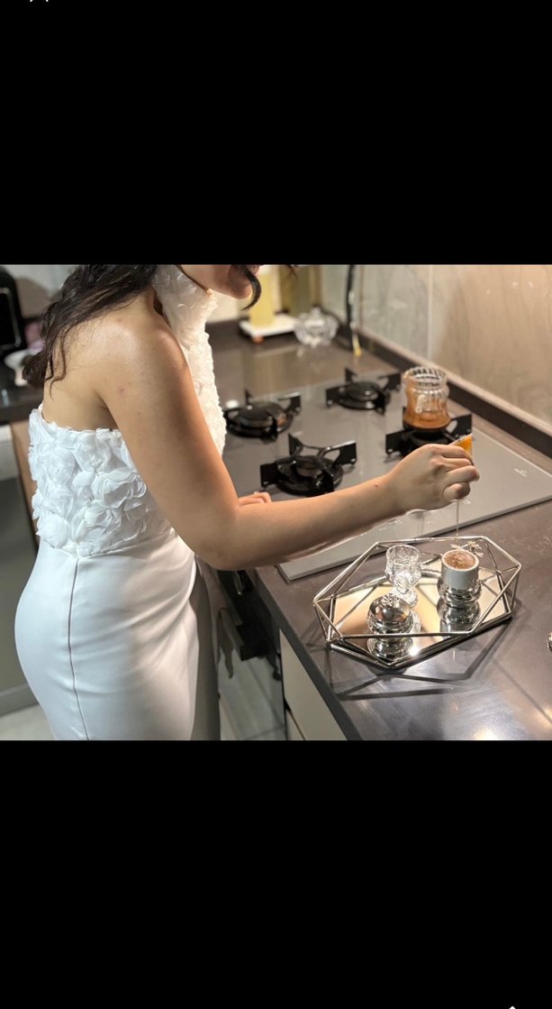 Askılı Drapeli Beyaz Uzun Elbise - Görsel 4