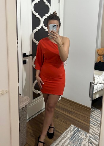 Nar çiçeği Tek Omuz Mini Elbise - Görsel 2