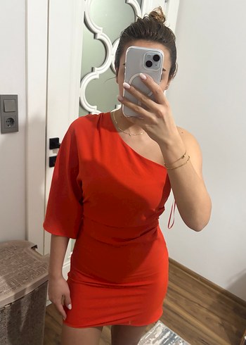 Nar çiçeği Tek Omuz Mini Elbise - Görsel 3