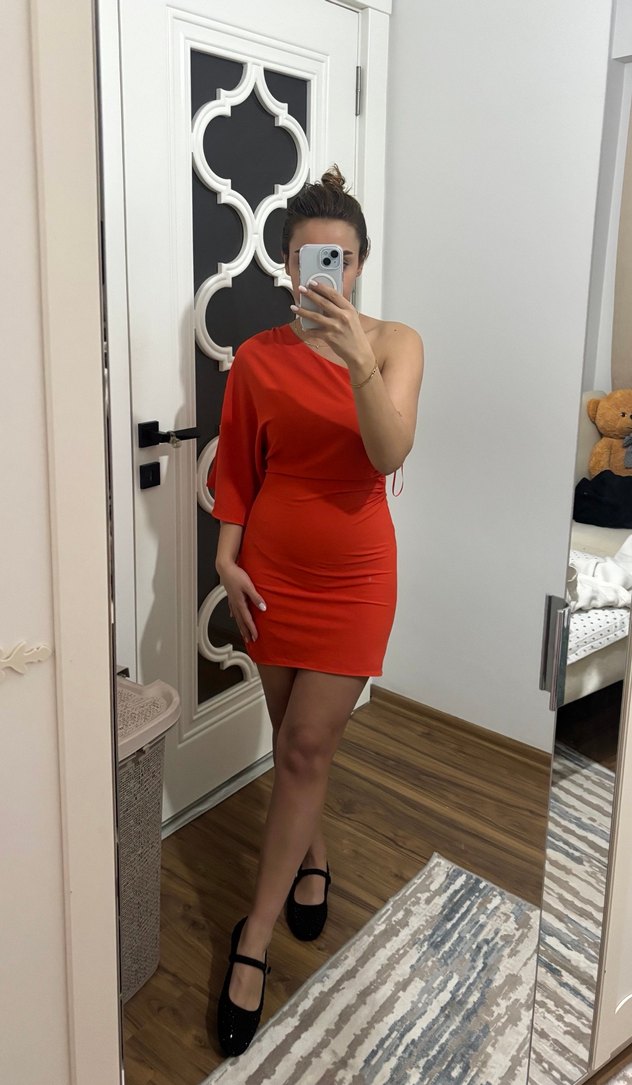 Nar çiçeği Tek Omuz Mini Elbise - Görsel 2