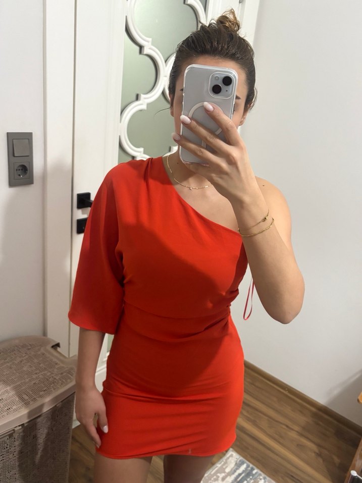 Nar çiçeği Tek Omuz Mini Elbise - Görsel 3