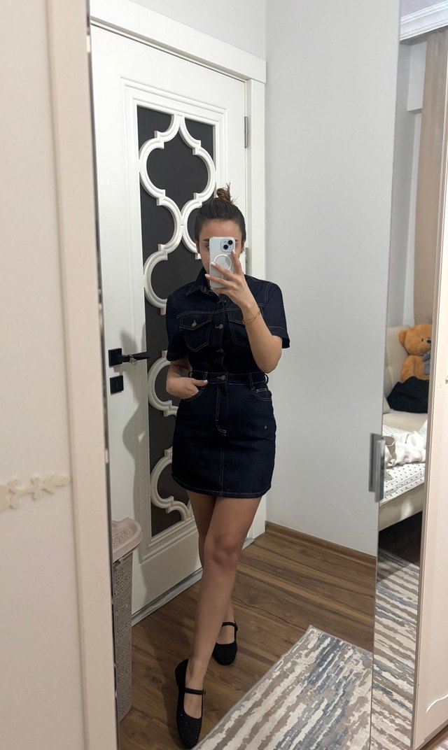 Kadın Lacivert Kısa Denim Tulum - Görsel 4