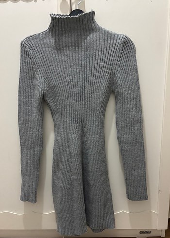 Gri Yüksek Yakalı Triko Kadın Elbise - Görsel 2